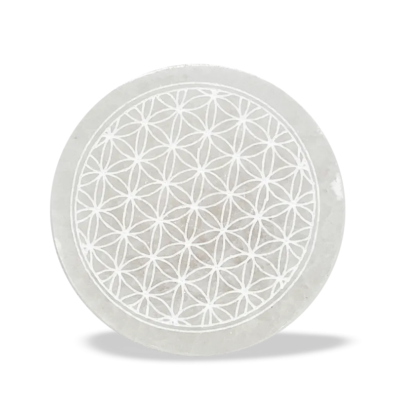 Palet Plat gravé Fleur de Vie en Sélénite